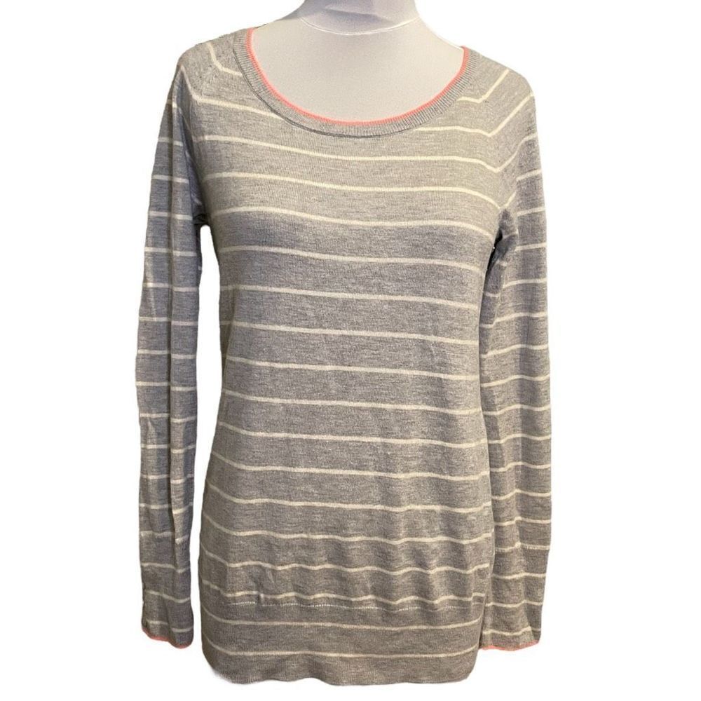 Gap Grey White Stripe Sweater with pink and wrist buttons Medium